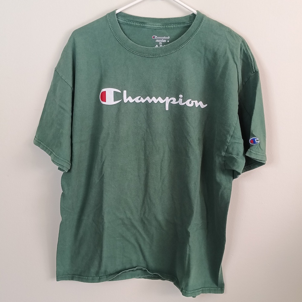 Champion T-Shirt Mens XL Green Excellent Short Sleeve Script Logo Tee